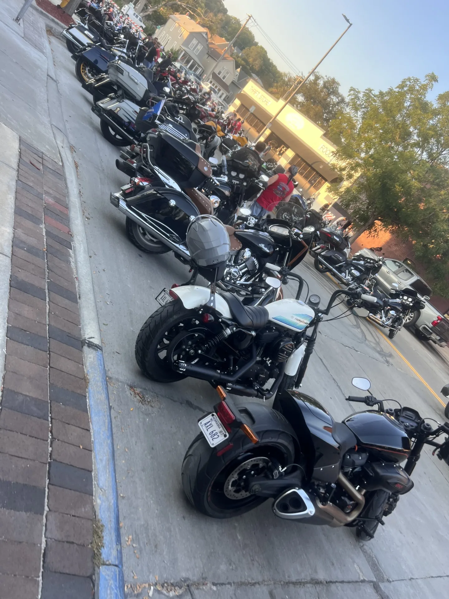 Rows of motorcycles parked at Bike Night in the CB area, showcasing a variety of models and styles.